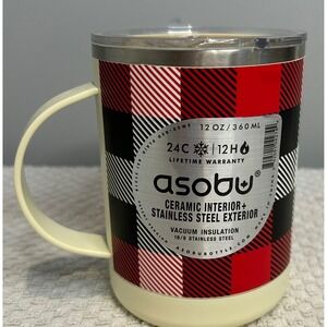 New Asobu Ultimate Mug 12oz Red Buffalo Plaid Ceramic Lined Stainless Steel SM30